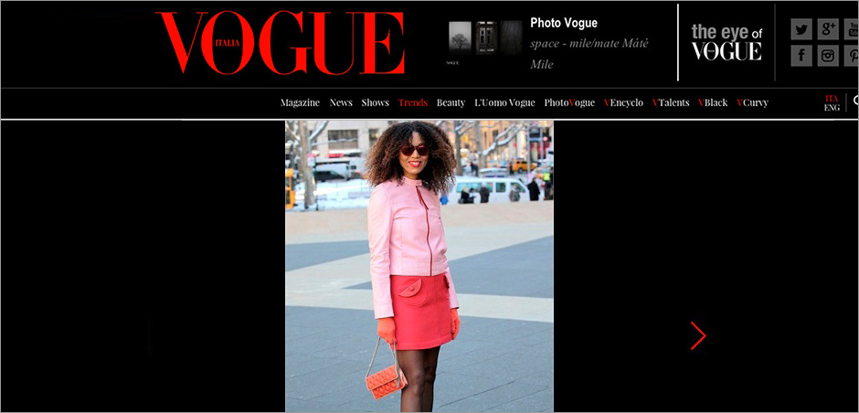 The Global Girl Press: Ndoema in Vogue Italia sporting a Prada pink leather jacket, Marc Jacobs miniskirt and quilted bag and LeSpecs cat eye mirrored sunglasses - New York Fashion Week Fall 2014