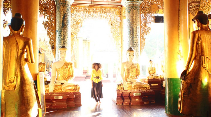 The Global Girl Travels: Ndoema at the Shwedagon Pagoda in Yangon, Myanmar.