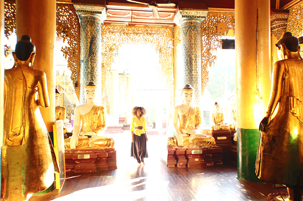 The Global Girl Travels: Ndoema at the Shwedagon Pagoda in Yangon, Myanmar.