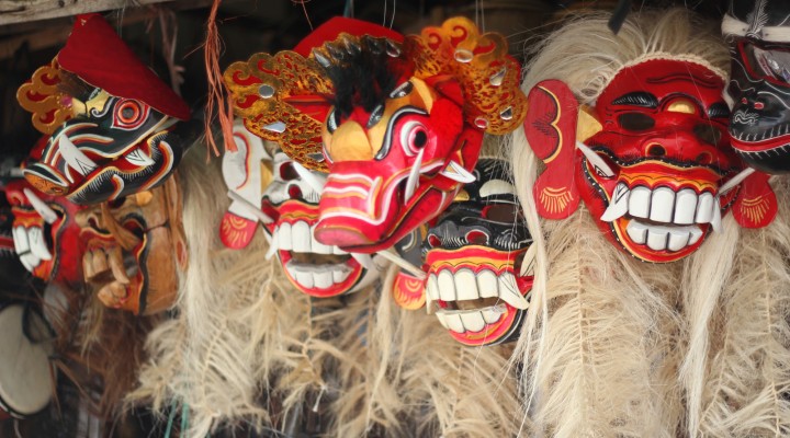 The Global Girl Travels: Balinese demon masks at Candi Kuning market in Bali, Indonesia.