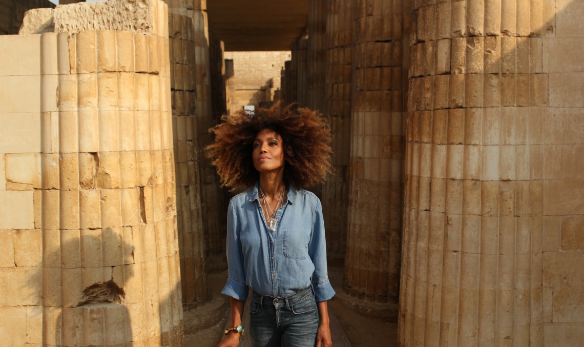 The Global Girl Travels: Ndoema sports an all denim look on a visit to Saqqara, Egypt.