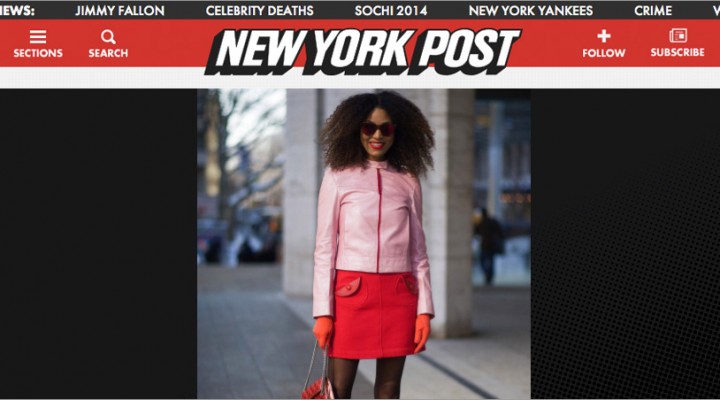 The Global Girl Press: Ndoema in The New York Post sporting a Prada pink leather jacket, Marc Jacobs miniskirt and quilted bag and LeSpecs cat eye mirrored sunglasses - New York Fashion Week Fall 2014