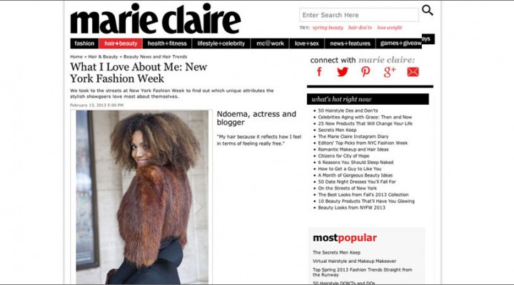 The Global Girl: Ndoema featured in Marie Claire "What I Love About Me" beauty feature.