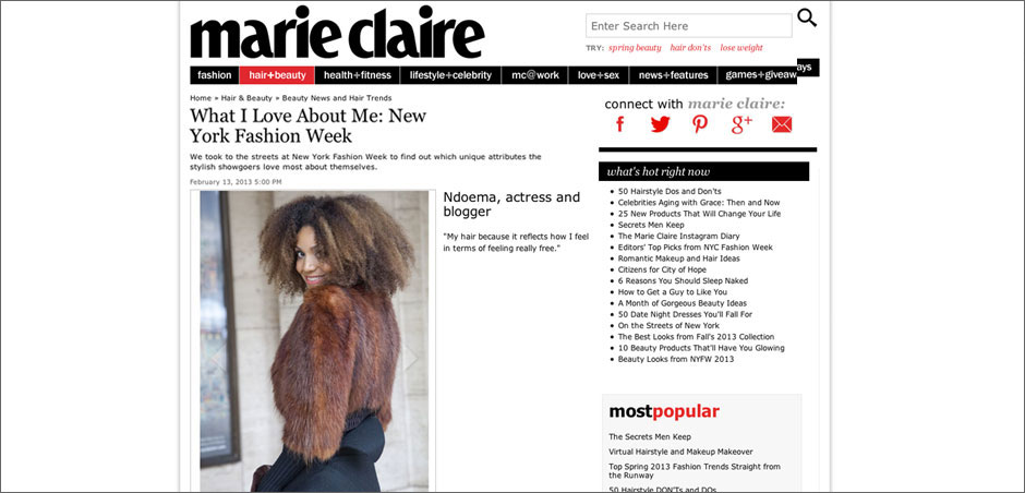 The Global Girl: Ndoema featured in Marie Claire "What I Love About Me" beauty feature.