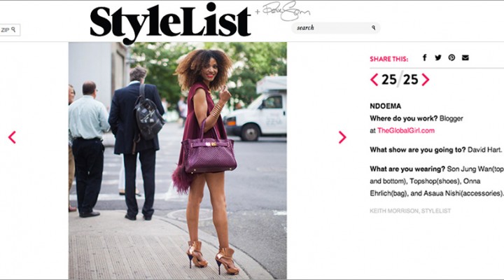 The Global Girl Press: Ndoema featured in Stylelist arriving on Day 1 of New York Fashion Week. Ndoema rocks a feathered fishtail top and shorts by Son Jung Wan, Ayaka Nishi spine necklace and bracelet, Onna Ehrlich custom-made bag and Topshop shoes.