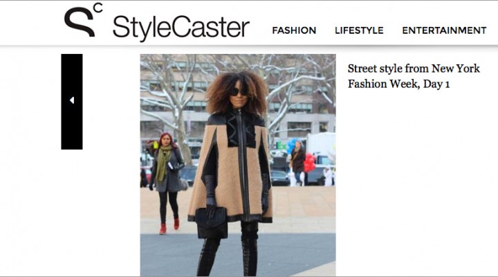 The Global Girl Press: Ndoema featured in StyleCaster sporting Wool and leather trim cape with python and merino wool pants by Mimi Plange, Topshop Stella platform booties, Emanuel Ungaro bag and Chloé Sunglasses - New York Fashion Week Fall 2014