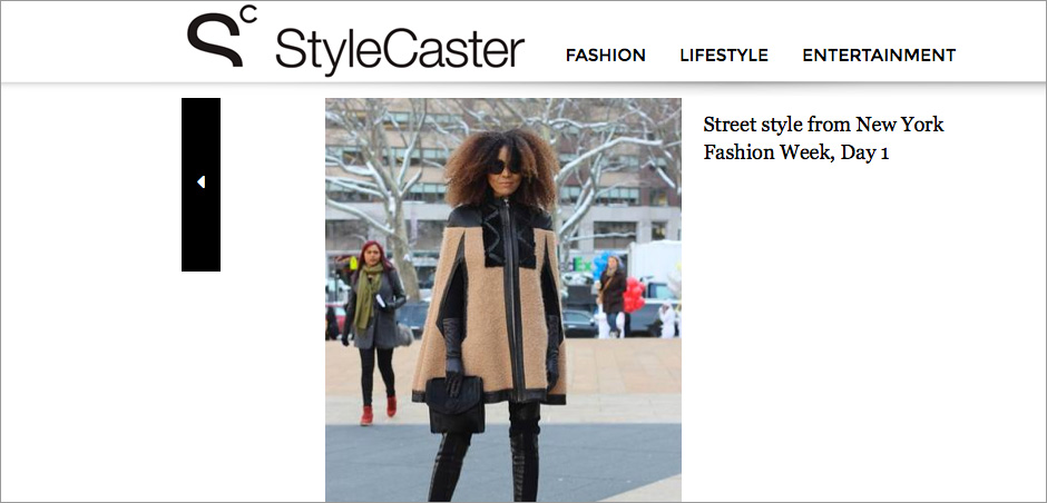 The Global Girl Press: Ndoema featured in StyleCaster sporting Wool and leather trim cape with python and merino wool pants by Mimi Plange, Topshop Stella platform booties, Emanuel Ungaro bag and Chloé Sunglasses - New York Fashion Week Fall 2014