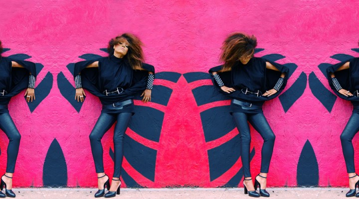 The Global Girl: Ndoema wears: Vintage Split sleeve blouse, Gucci patent leather belt, Silence & Noise wet look leggings, Gucci mary jane platform sandals, custom pyramid stud and leather cuffs