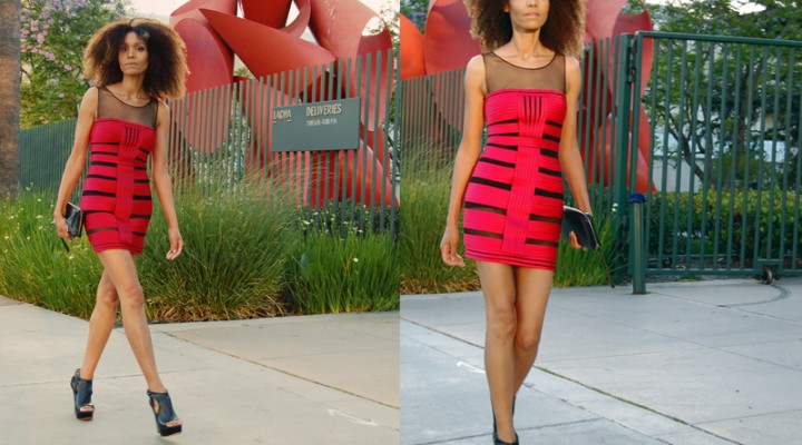 Ndoema wears a mesh bandage dress by BCBG Max Azria, Hugo Boss wedges and Karen Millen Clutch