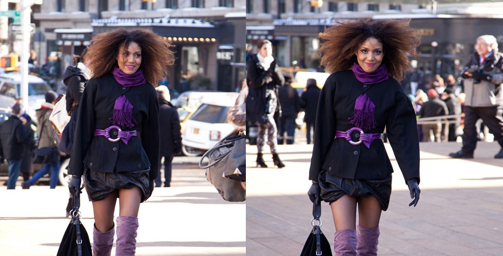 The Global Girl: Ndoema photographed by Joel as she arrives at Lincoln Center during New York Fashion Week. Ndoema wears thigh high suede boots by Nicholas Kirkwood, leather draped skirt by All Saints, black suede bag by Dolce & Gabbana, Karl Lagerfeld jacket and vintage leather gloves.